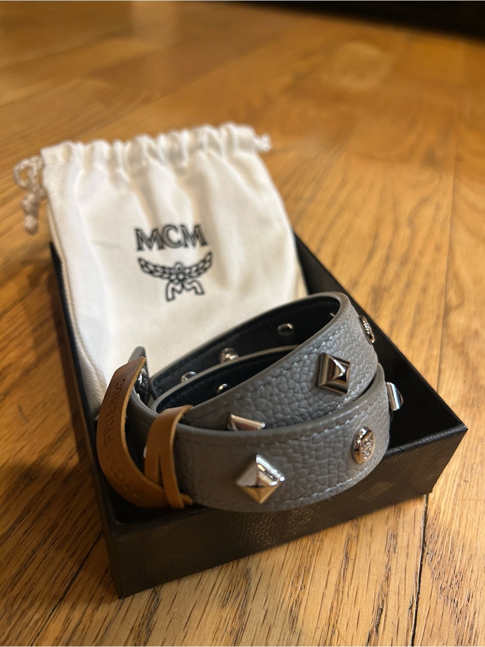 MCM Gray Leather Studded Bracelet